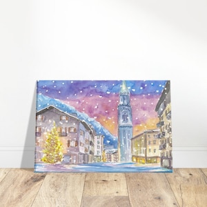 Cortina D&#39;Ampezzo Dolomite Winter Charm in Nightly Mountains - Limited Edition Fine Art Print - Original Painting available