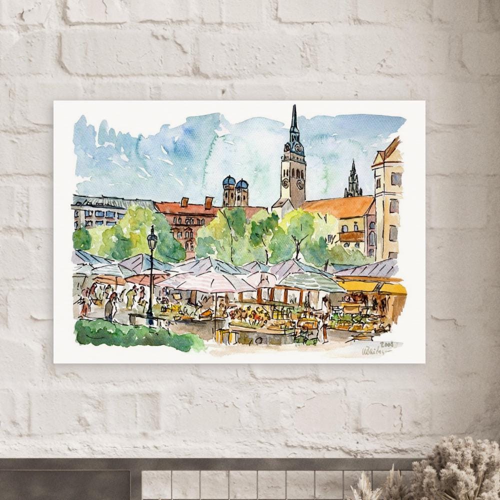 油絵　昔のドイツ・ミュンヘン風景 ミュンヘン・ヴィクトゥアリエンマルクトの水彩画 – 市場の風景アート