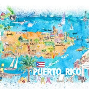 Puerto Rico Illustrated Caribbean Travel Map with Highlights of Greater Antilles Island Dream