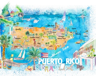 "Puerto Rico Illustrierte Karibik-Reisekarte mit Highlights der ""Großen Antillen"" - Inseltraum"