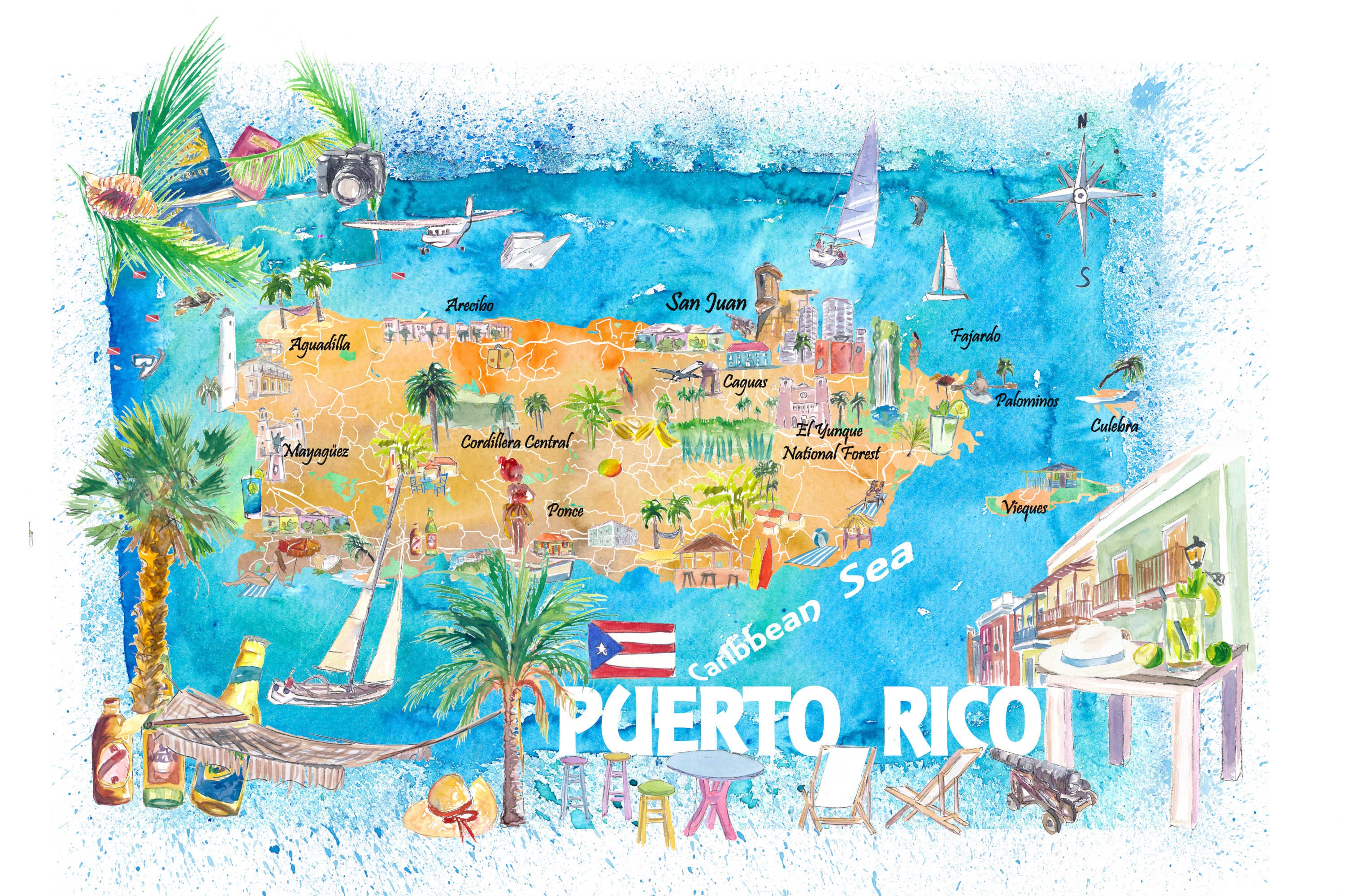 Puerto Rico Illustrated Caribbean Travel Map with Highlights Etsy
