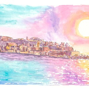 May include: Watercolor painting of a city skyline with a large sun in the background. The sky is a mix of pink, blue, and yellow. The city is a muted brown color. The water is a light blue color.