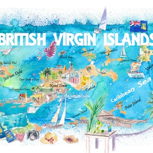Mapa de viagem ilustrado das Ilhas Virgens Britânicas com estradas e destaques