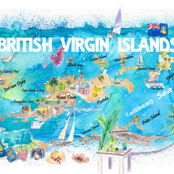 Britse Maagdeneilanden Geïllustreerde Reiskaart met Wegen en Hoogtepunten