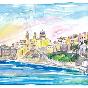 Syros Ermoupoli and Ano Syros Cyclades Waterfront - Limited Edition Fine Art Print - Original Painting available