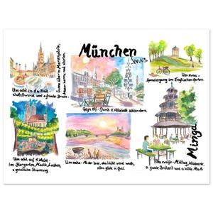 Pode incluir: Ilustração em aquarela de Munique, Alemanha, com várias cenas e texto em alemão. São retratadas paisagens urbanas, jardins de cerveja e vistas panorâmicas. A palavra "München" é exibida de forma proeminente, juntamente com outras frases alemãs.