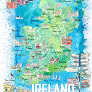 Carte de voyage illustrée de l’Irlande avec routes et faits saillants - Fine Art Print