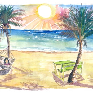Serene Beach Perfection with Hammock Zen under Palms and Swell - Limited Edition Fine Art Print - Original Painting available