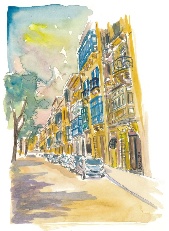 Typical Buildings and balconies in Valletta Malta Watercolour Painting Print