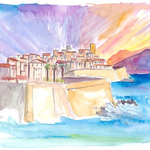 Paisaje urbano de la Riviera francesa de Antibes al atardecer - Impresión de bellas artes de edición limitada - Pintura original disponible