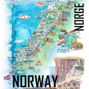 Puede incluir: Mapa en acuarela de Noruega con ciudades como Oslo, Bergen y Trondheim. El mapa incluye ilustraciones de la cultura local, monumentos y fauna, como renos y edificios tradicionales. La palabra "NORWAY" se muestra de forma destacada.