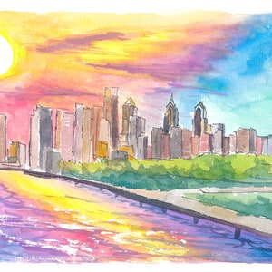 Philadelphia PA Impressive Skyline Colorful Sunset Mood - Limited Edition Fine Art Print - Original Painting available