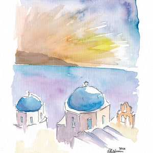 Santorini Blue Domes in Greece - Limited Edition Fine Art Print - Original Painting available