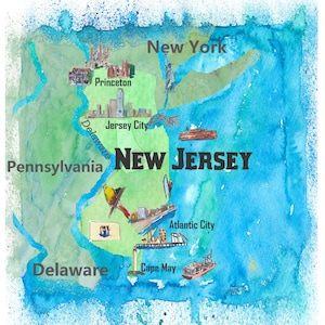 USA New Jersey State Travel Poster Map with Touristic Highlights - Fine Art Print