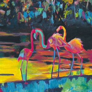 Flamingos in Impressionist Expressionist Phoenicopterus Roseus Style - Limited Edition Fine Art Print