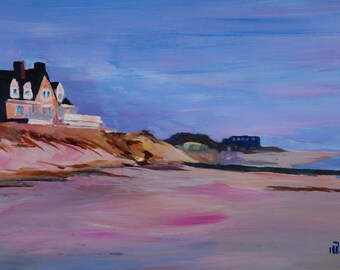May include: A painting of a large house on a cliff overlooking a beach. The house is painted in shades of brown and white, with blue accents. The beach is painted in shades of pink and brown, with a blue ocean in the background. The painting is signed "2014" in the lower right corner.