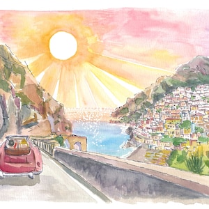 Driving Amalfi Coast with View of Positano - Road Trip of Love on Amalfitana- Limited Edition Fine Art Print - Original Painting available
