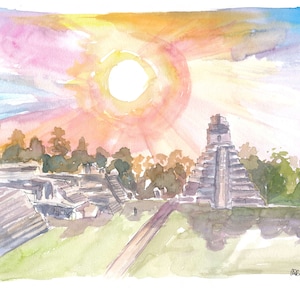 Tikal Guatemala Mayan Ruins with Sunset - Limited Edition Fine Art Print - Original Painting available