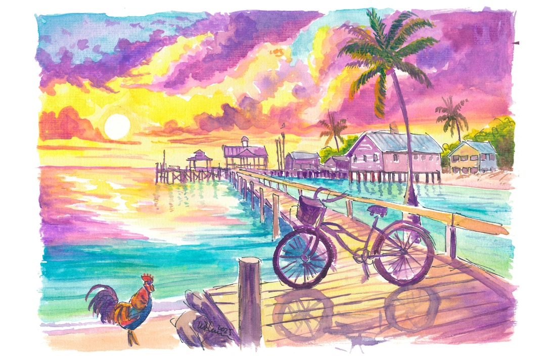 Key West Sunset Art Print: Rooster, Bike, Pier - Limited Edition
