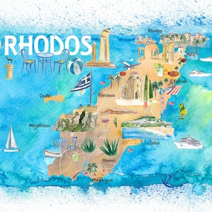 Carte illustrée de Rhodes Grèce avec points de repère et faits saillants