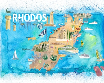 Rhodes Greece Illustrated Map with Landmarks and Highlights