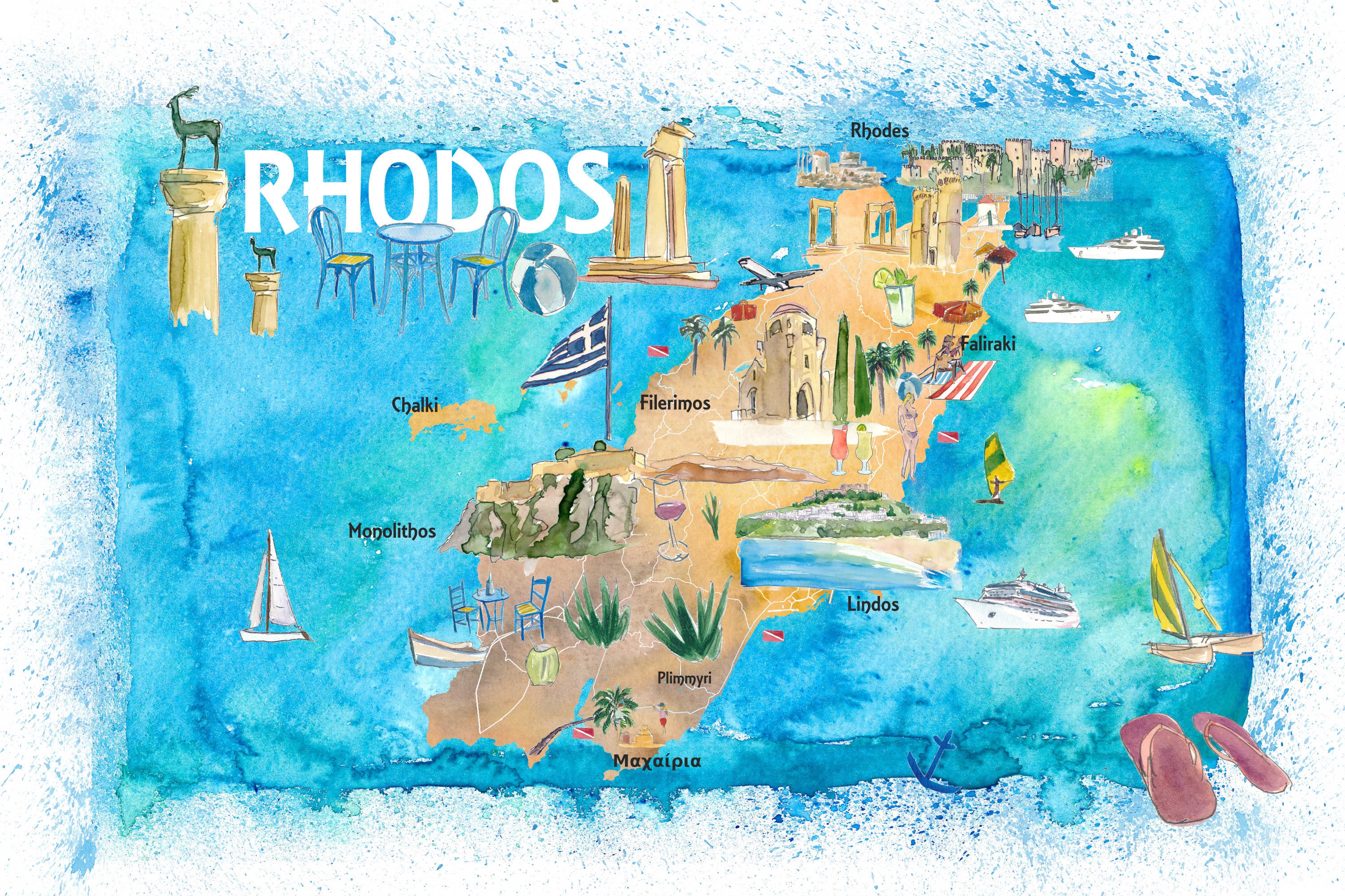 Rhodos Griechenland Illustrierte Karte mit Sehenswürdigkeiten - Etsy