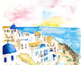 Santorini Oia Blue Domes and the Sea - Limited Edition Fine Art Print - Original Painting available