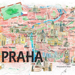 Praag Tsjechische Republiek Geïllustreerde kaart met oriëntatiepunten en hoogtepunten - Fine Art Print