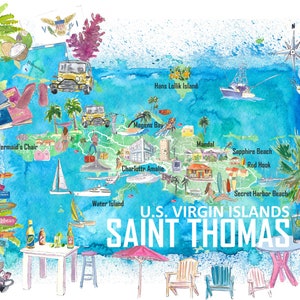 Carte de voyage illustrée USVI de Saint Thomas avec routes et sites touristiques