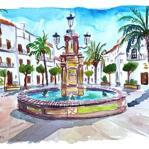 May include: A watercolor painting of a fountain in a Spanish town square. The fountain is surrounded by palm trees and white buildings. The sky is blue and there are clouds in the sky.