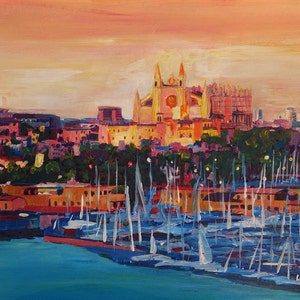 España Islas Baleares Palma de Mallorca con puerto y catedral - Impresión artística de edición limitada - Pintura original disponible