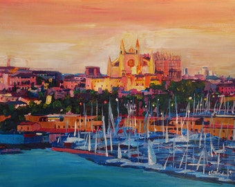 May include: An impressionistic painting of a coastal city at sunset. The artwork depicts a harbor filled with sailboats, with a large cathedral dominating the skyline. The color palette features warm tones of orange, pink, and yellow, contrasted by the cool blues of the water.