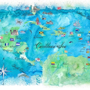 Karibik Kreuzfahrt Reise Poster Karte Antillen West Indies Cuba Florida - Fine Art Print Poster/Leinwand