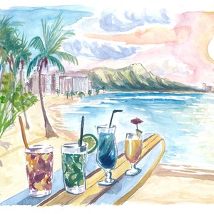 Chilling with Refreshing Fruit Cocktails in Waikiki Hawaii - Limited Edition Fine Art Print - Original Painting available