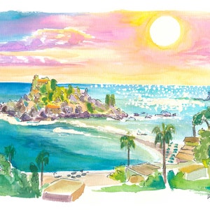Isola Bella Taormina Sicily Panoramic View - Limited Edition Fine Art Print - Original Painting available