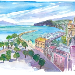 Sorrento con puerto y vista de acantilados y Vesubio - Impresión de bellas artes de edición limitada - Pintura original disponible