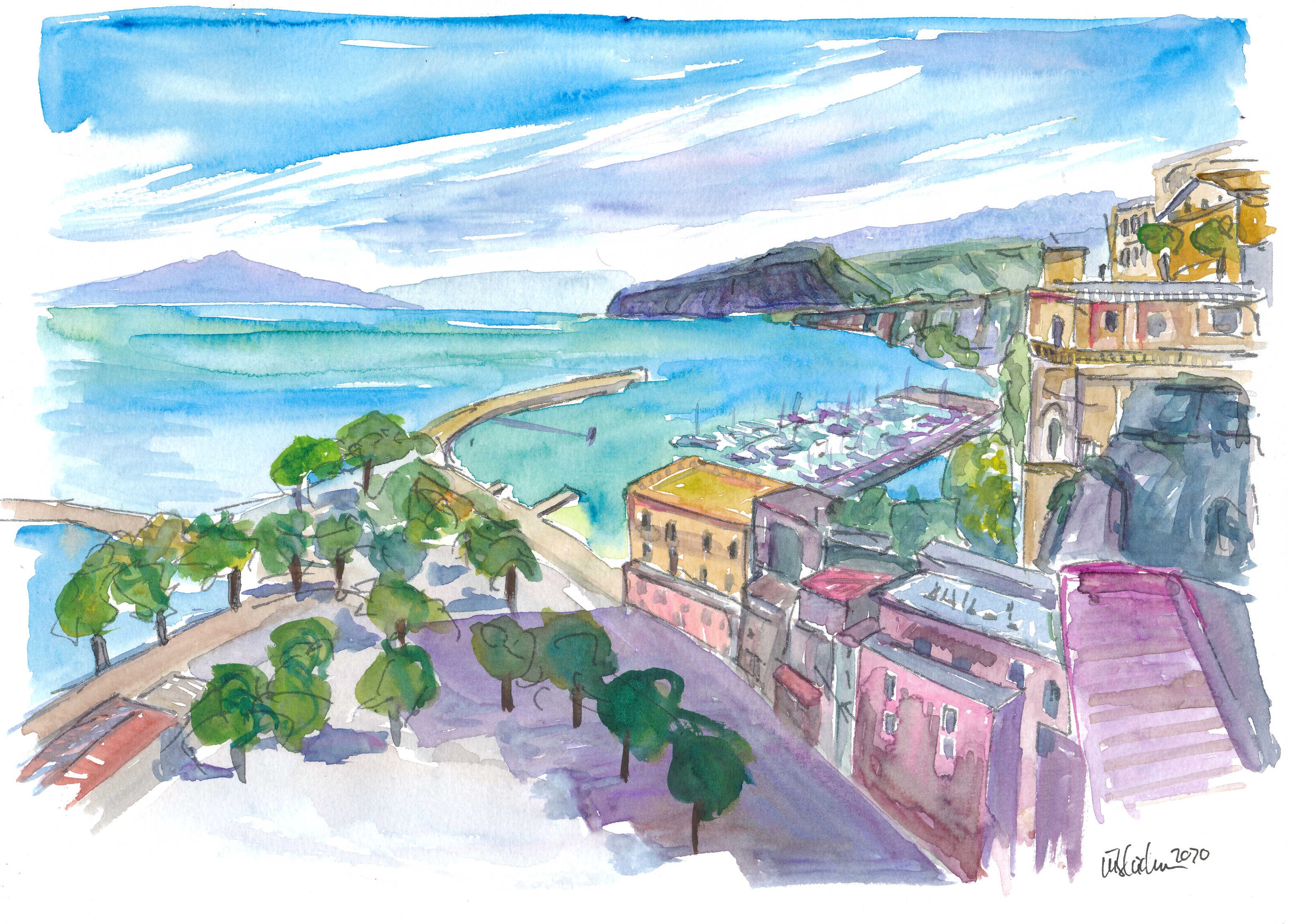 Sorrento With Harbour and View of Cliffs and Vesuvius - Limited