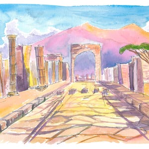 Antike Pompeji Straßenszene mit Römerstraße und Vesuv- Limitierte Auflage Fine Art Print - Originalgemälde verfügbar