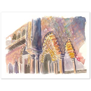 May include: Watercolor painting of an ornate archway with intricate details in shades of yellow, orange, and brown. The archway is surrounded by columns and appears to be part of a larger building.