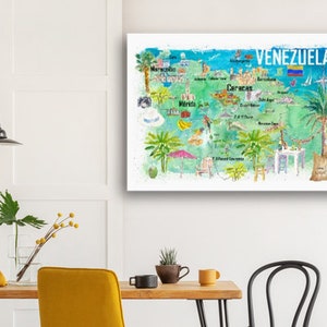 May include: A watercolor illustration of a map of Venezuela with the names of major cities labeled. The map is surrounded by palm trees, beaches, and other tropical imagery. The text "VENEZUELA" is written in large, bold letters at the top of the map.