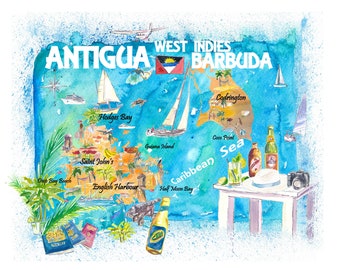 Antigua Barbuda Antilles Illustrated Caribbean Travel Map with Highlights of West Indies Island Dream