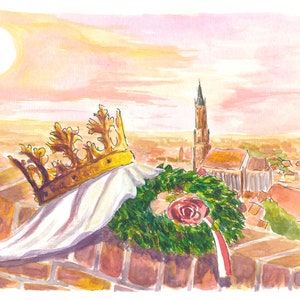 May include: A watercolor painting of a golden crown with a white cloth draped over it, a green wreath with a red rose, and a view of a town with a church steeple in the background. The sky is a soft pink and orange.