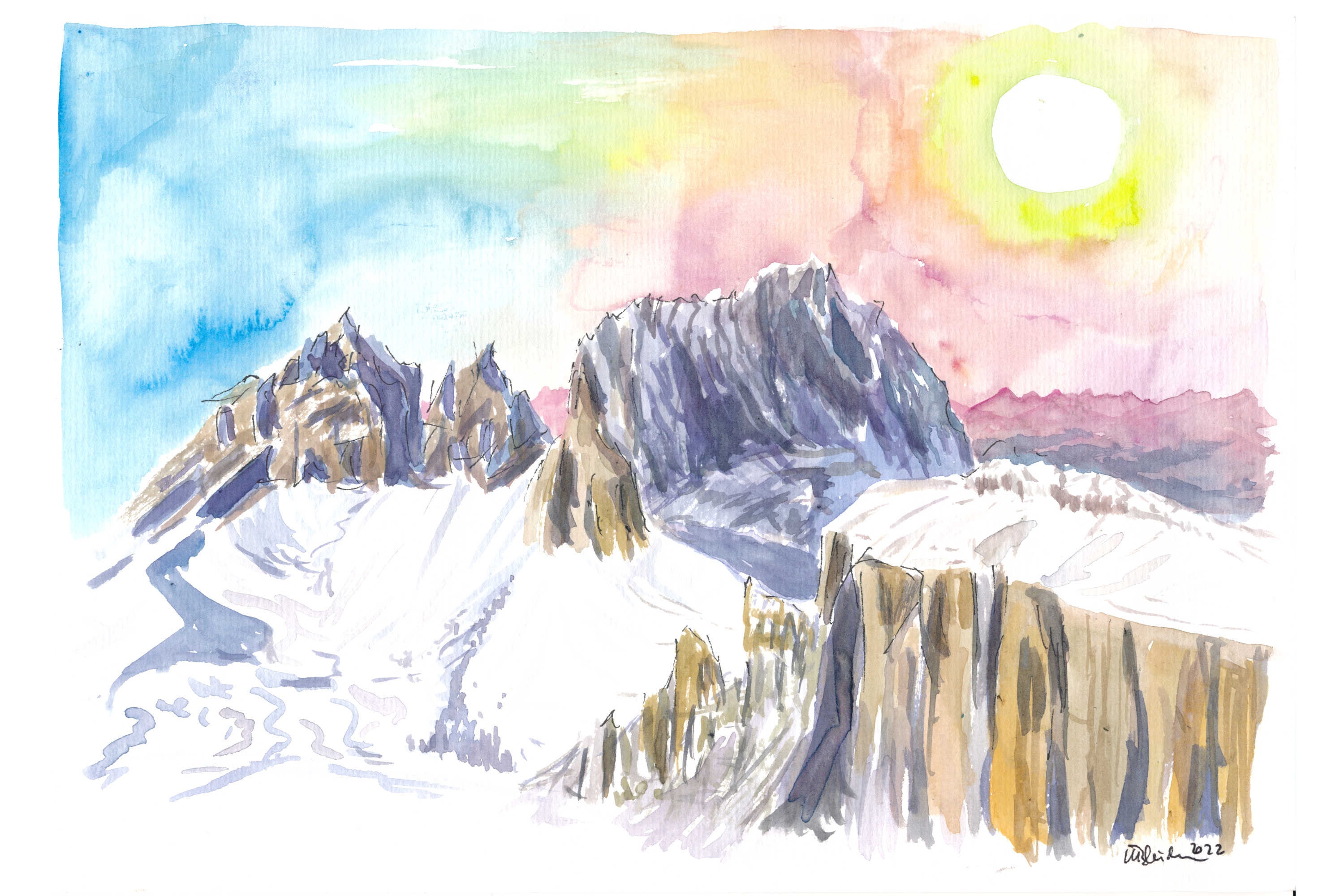 ビンテージ絵画　文化刺繍 山小屋　雪化粧した山脈 ハンドメイド ドロミテ山脈の冬の雪景色とランコフェル・サッソルンゴ（イタリア、南