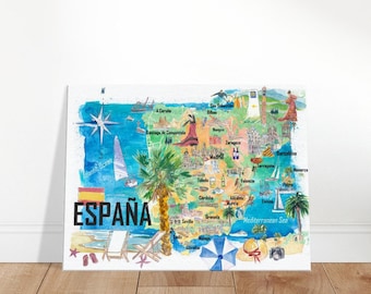 Spain Illustrated Country Travel Map with Main Roads and Highlights