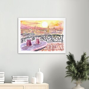 Amazing Marrakech Morocco Rooftop Romance with Tea and Fna Square - Limited Edition Fine Art Print - Original Painting available 32 x 24 inches