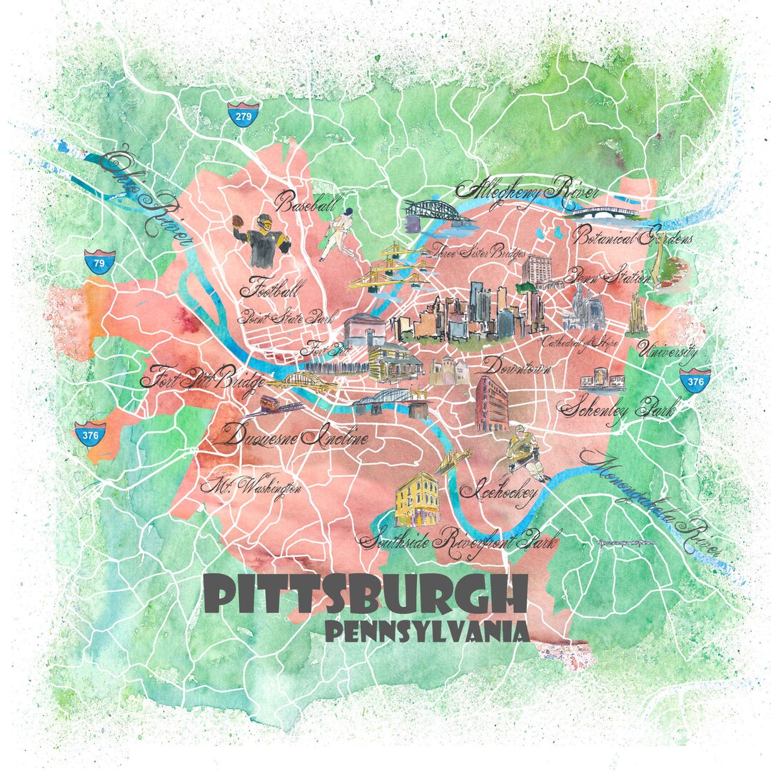 Pittsburgh Pennsylvania Illustrated Fine Art Print Retro Vintage Map - Etsy