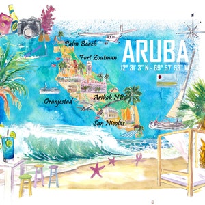 Aruba Niederländische Antillen Karibikinsel Illustrierte Reisekarte mit touristischen Highlights
