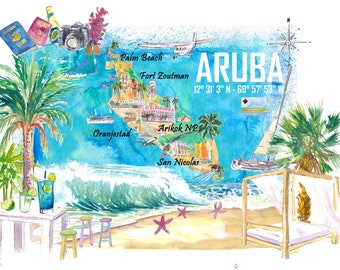 Aruba Dutch Antilles Caribbean Island Illustrated Travel Map with Tourist Highlights