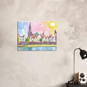 Sunlit Skyline of Ulm Germany by the Riverside - Limited Edition Fine Art Print - Original Painting available