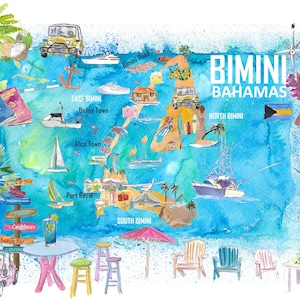 Carte illustrée de Bimini Bahamas avec les points forts touristiques de l’île - Fine Art Print